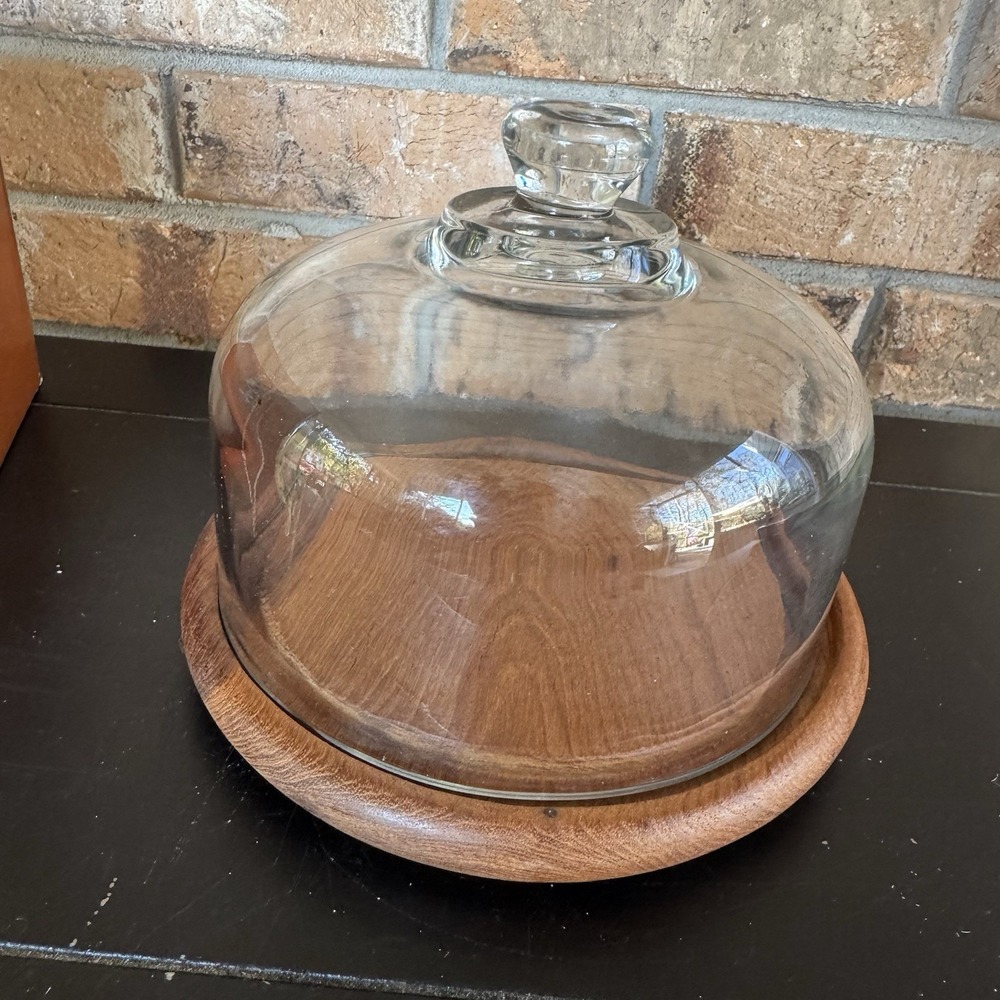 Vintage Teak Wood Cheese Board / Cake Stand w/Glass Cloche Dome Mid-Century - Picture 2 of 8